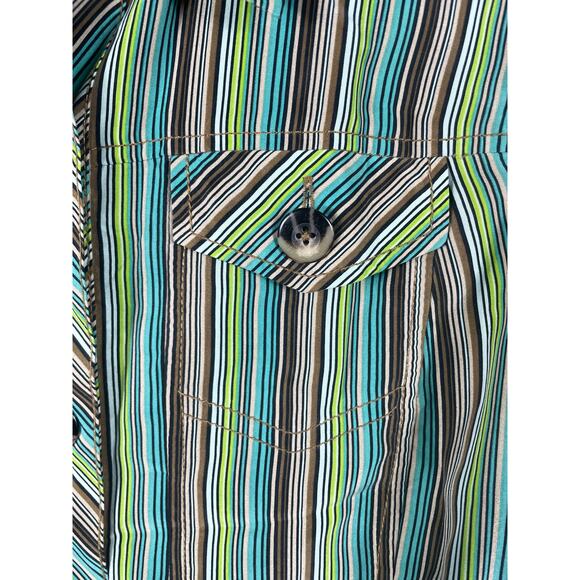 Dana Buchman Women Size 4 Silk Green Brown Blue Striped Button Up - Picture 8 of 12